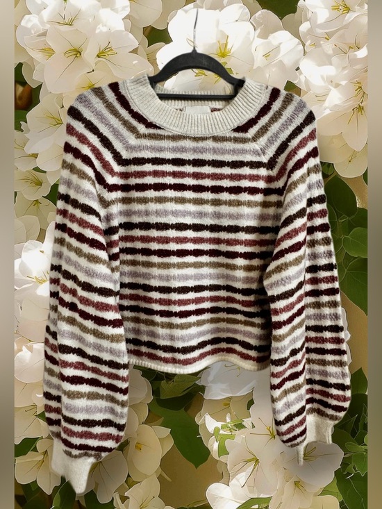 Pink Rose Sweaters - Pink Rose NWT Cream and Burgundy, Rose, Tan and Purple Striped Crewneck Sweater